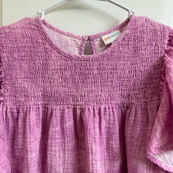 Lularoe Maddy Womens Size L Purple Tie Dye Gauze Flutter Sleeve Smocked Top - Picture 3 of 8